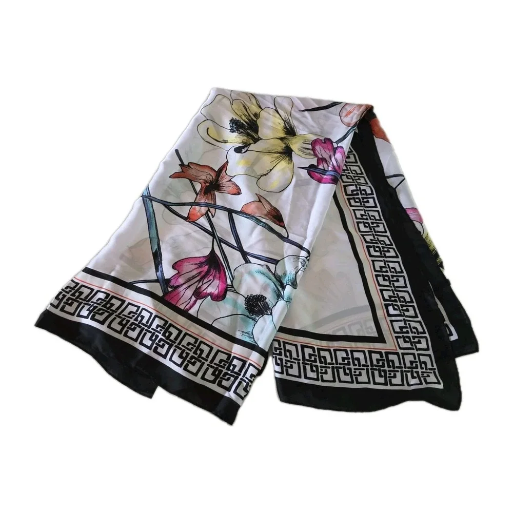 Chicos Floral Square Scarf Greek Key Border 42